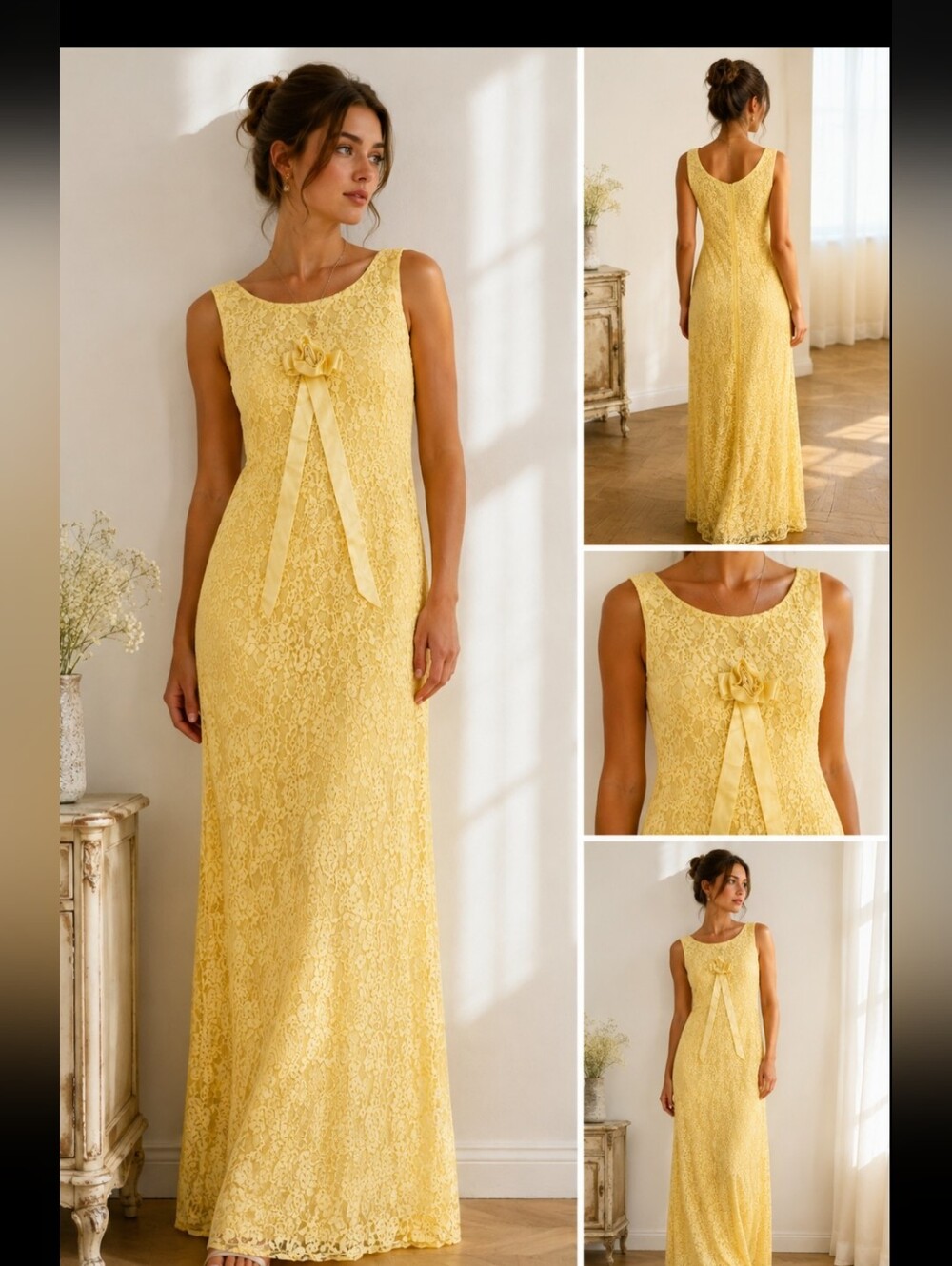 Vintage Handmade Butter Yellow Lace Maxi Dress Floral Lace Satin Bow 1960s 70s